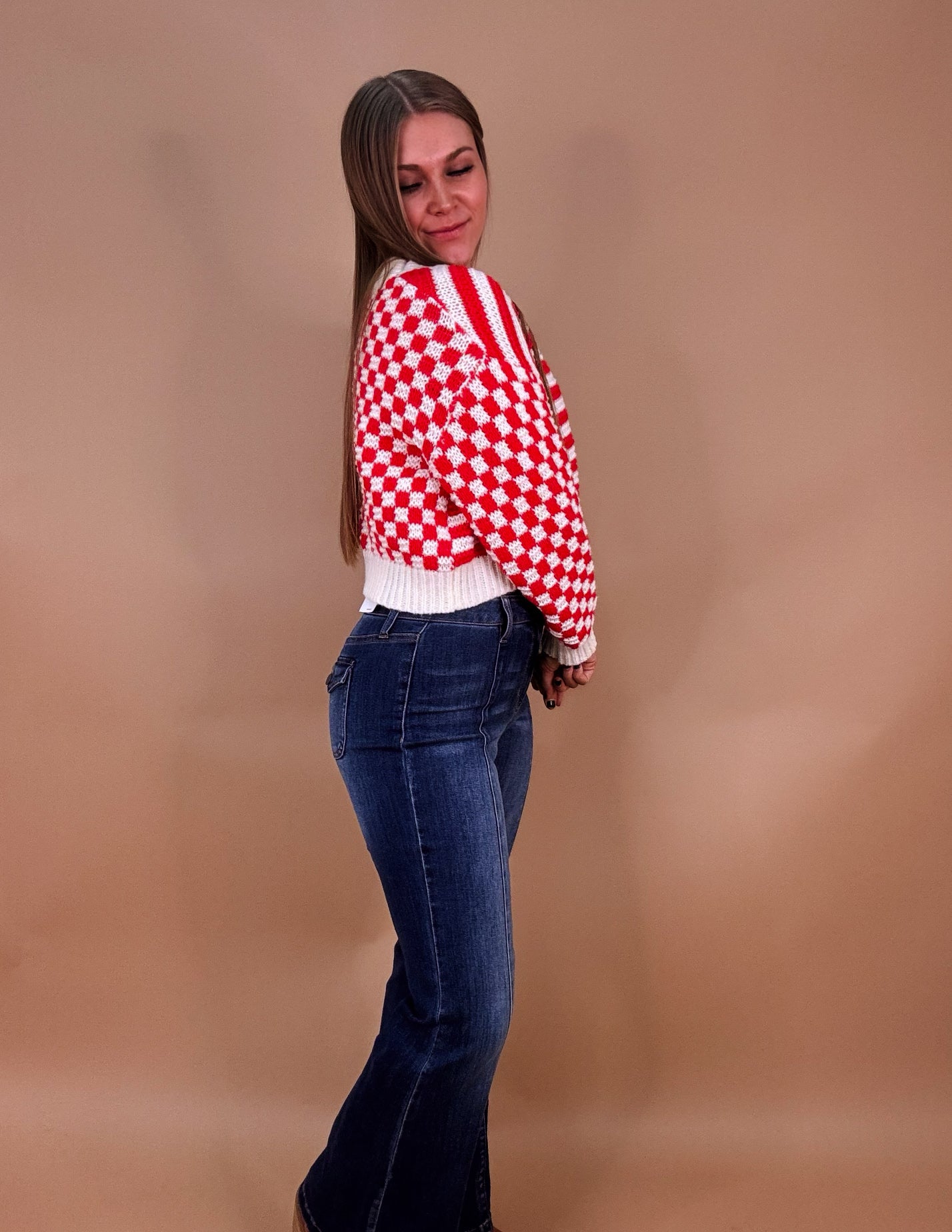 Checked into you cardigan- Red