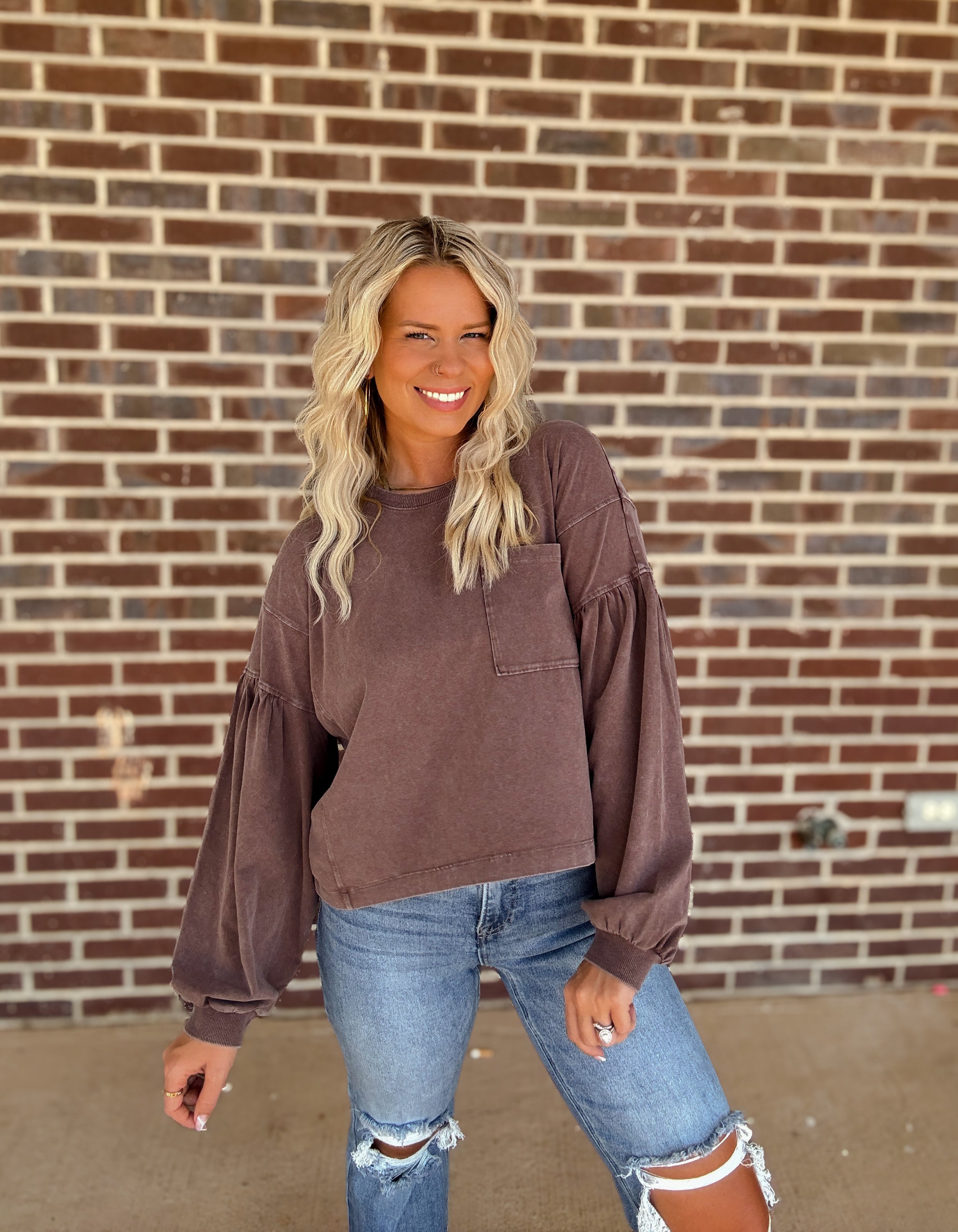 The Della Balloon Sleeve Top- Dark Brown
