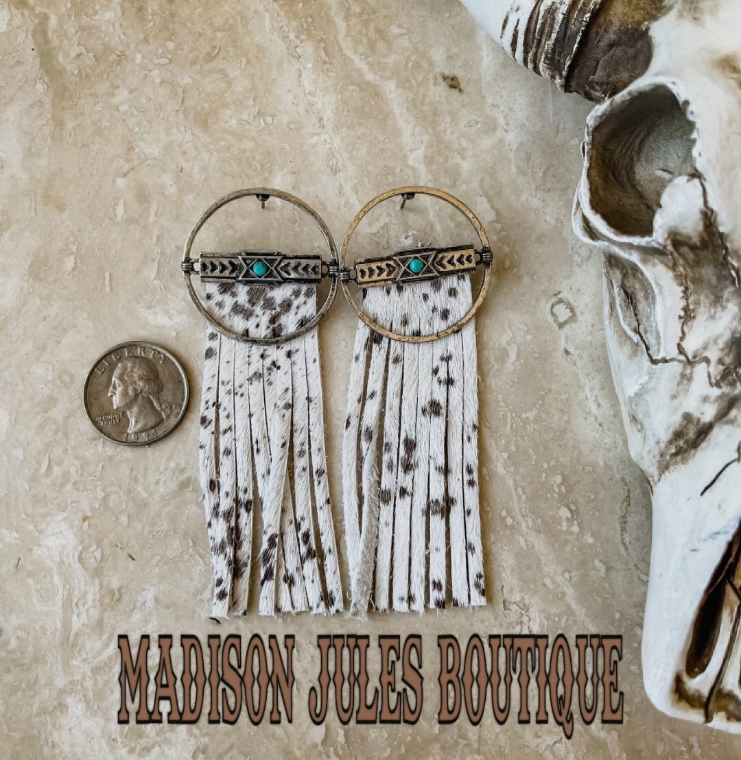 Round Metal Cowhide Fringe Earrings