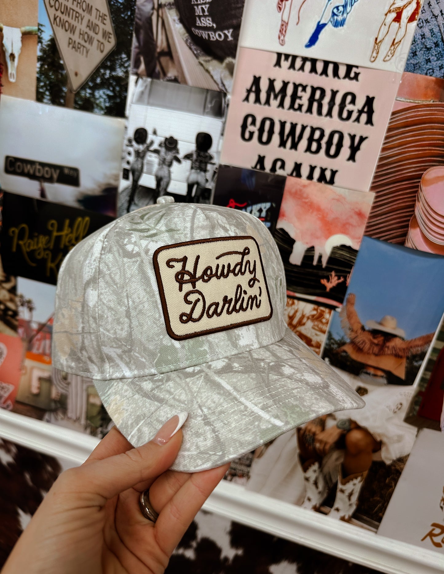 Light wash camo Howdy Darlin Trucker Hat