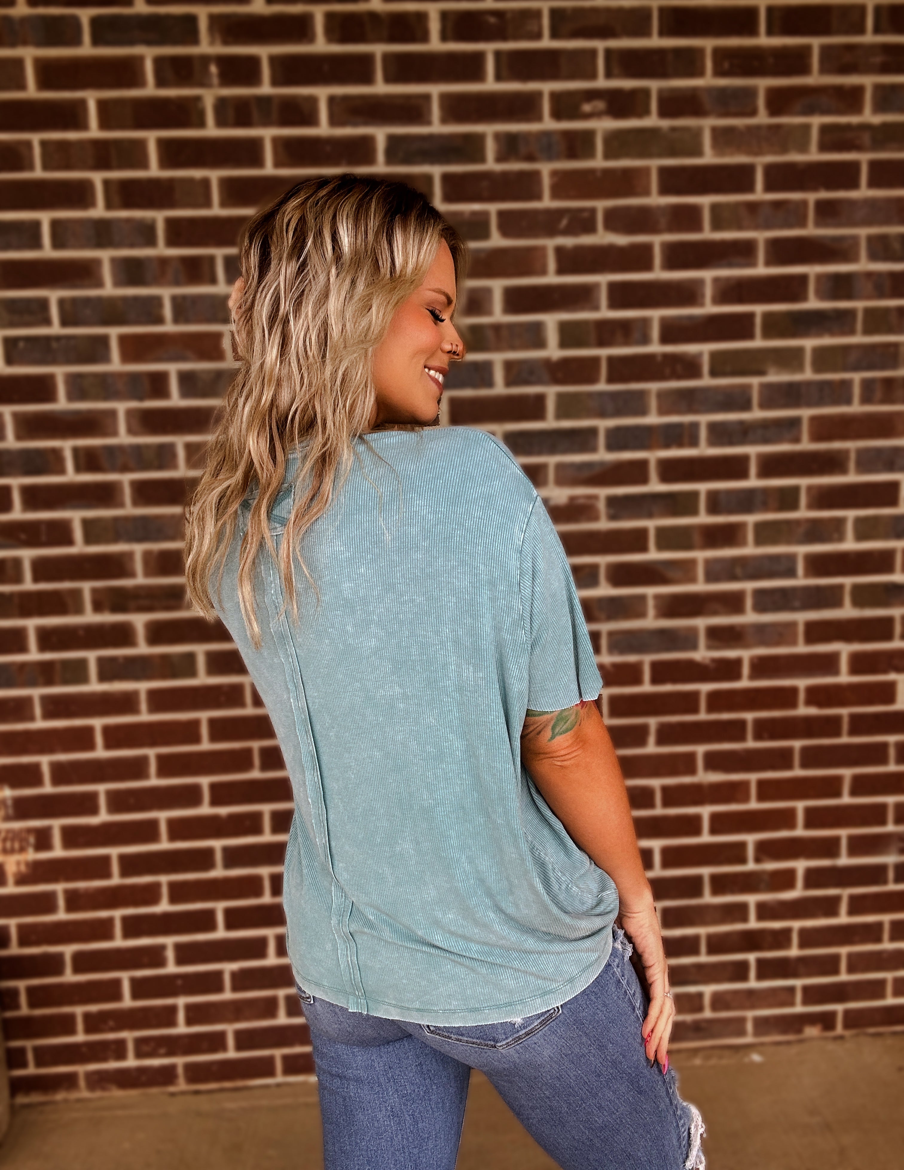 Almost The Weekend Pocket Tee- Dusty Blue