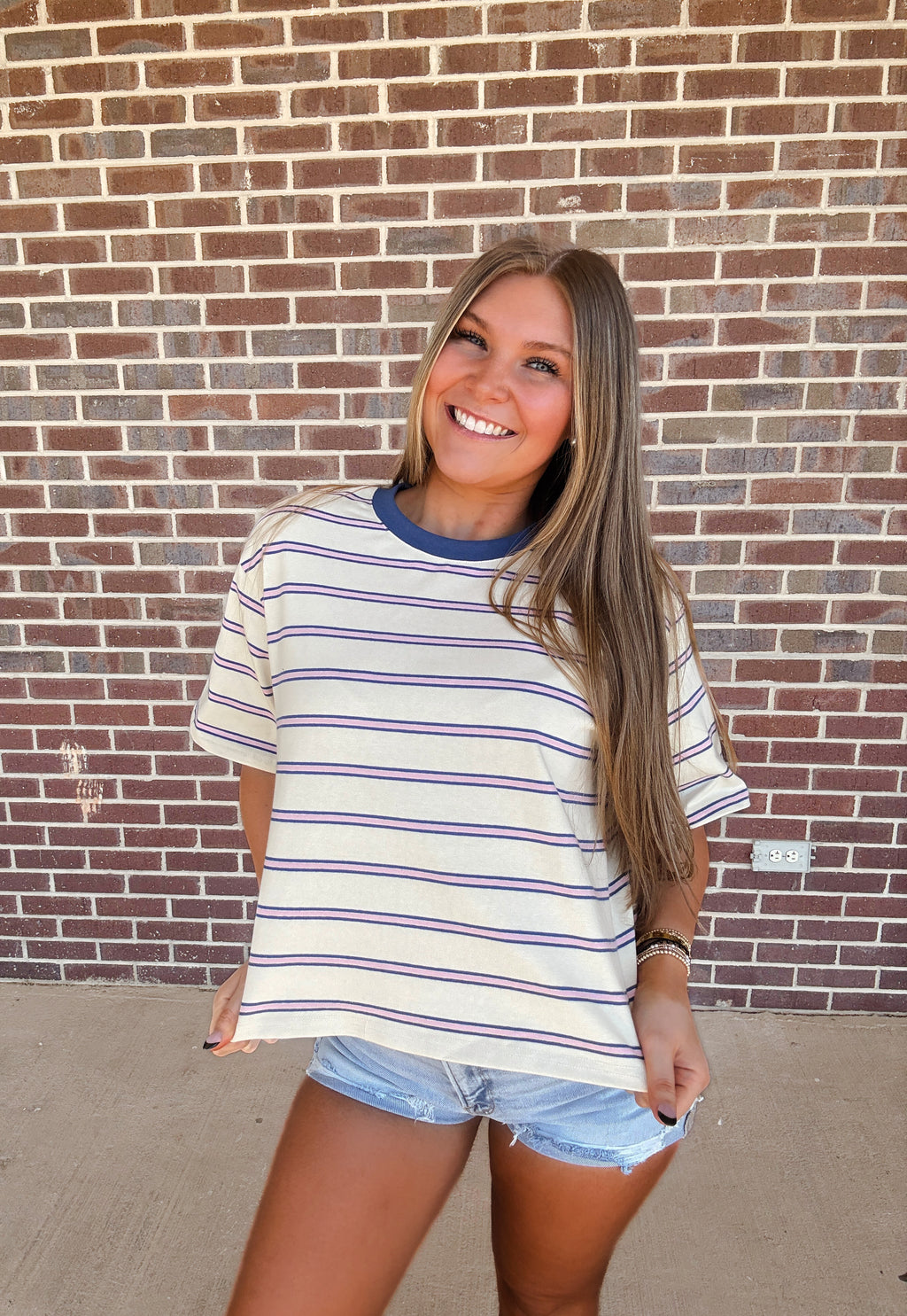Touch Grass Striped Tee- Ivory Blue