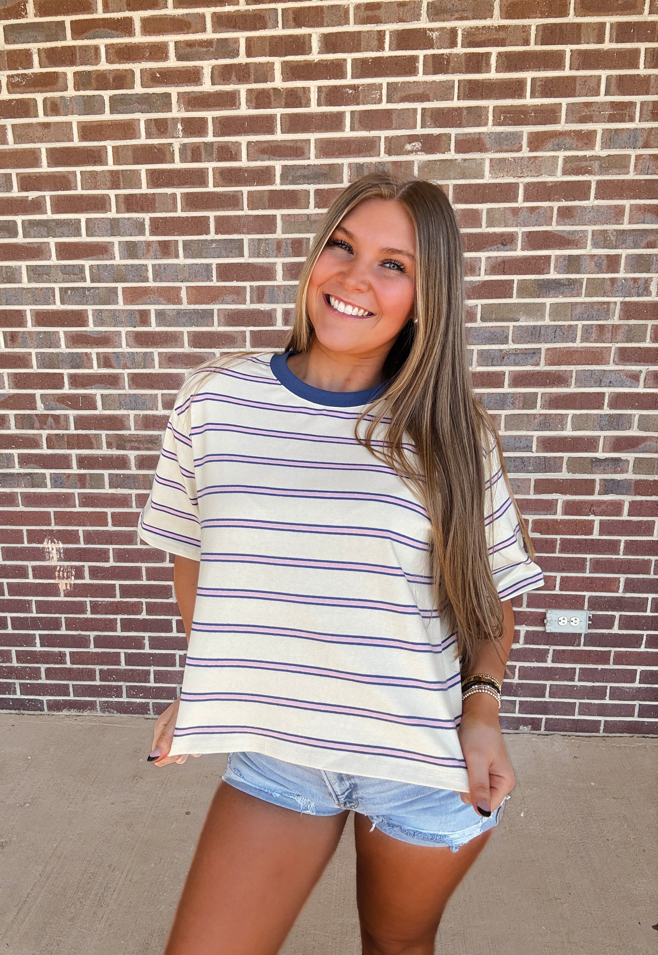 Touch Grass Striped Tee- Ivory Blue