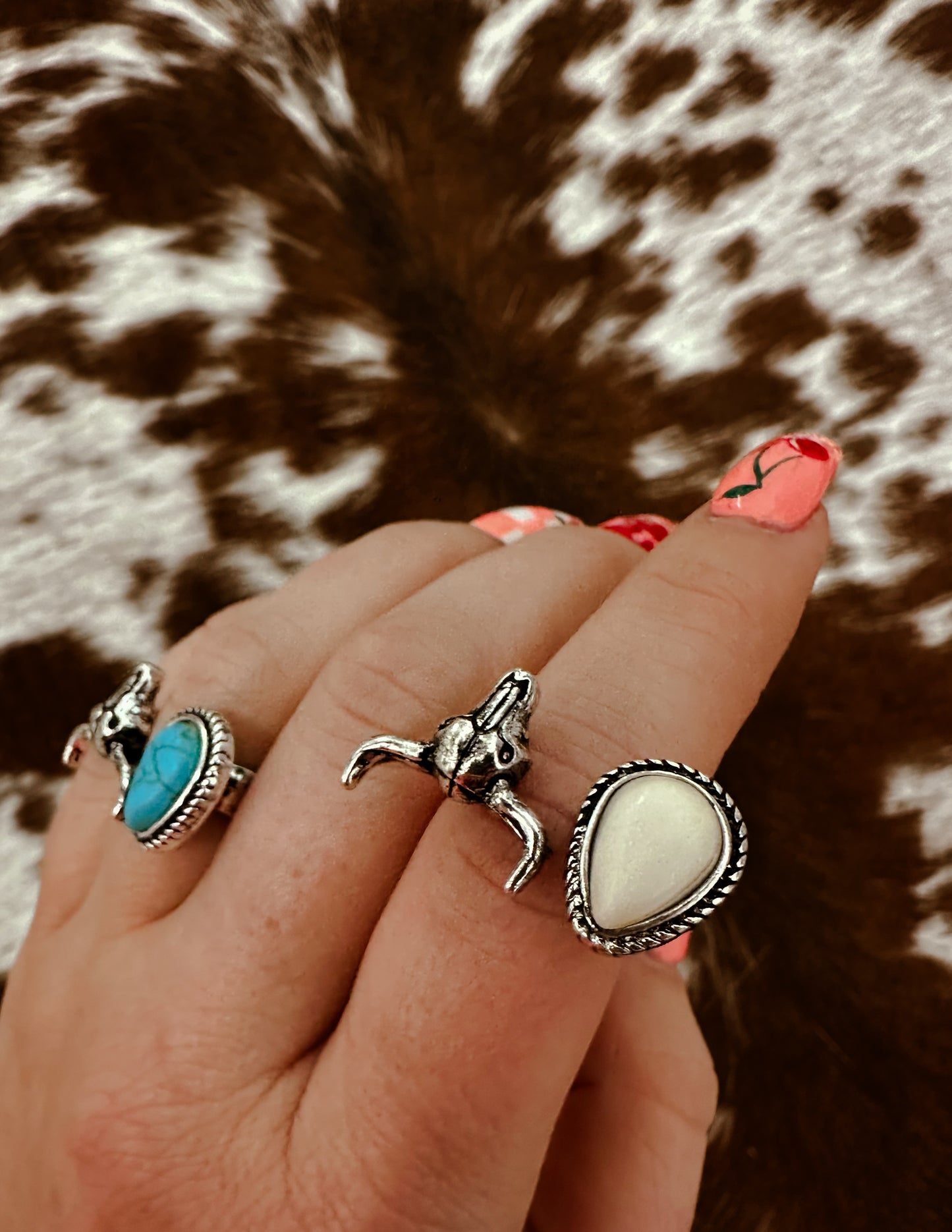 Western Steer Longhorn Cuff Ring- Turquoise & White