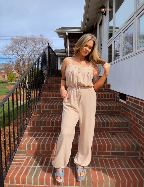 Knotted Straps Button Textured Drawstring Jumpsuit