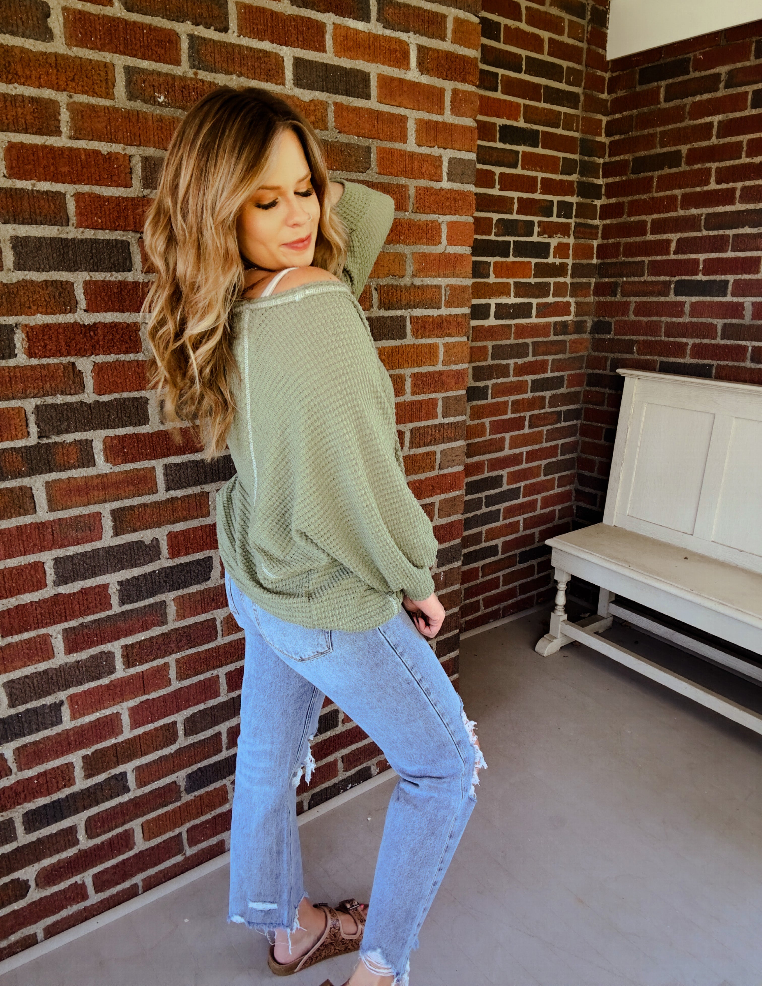 Madison waffle top in olive