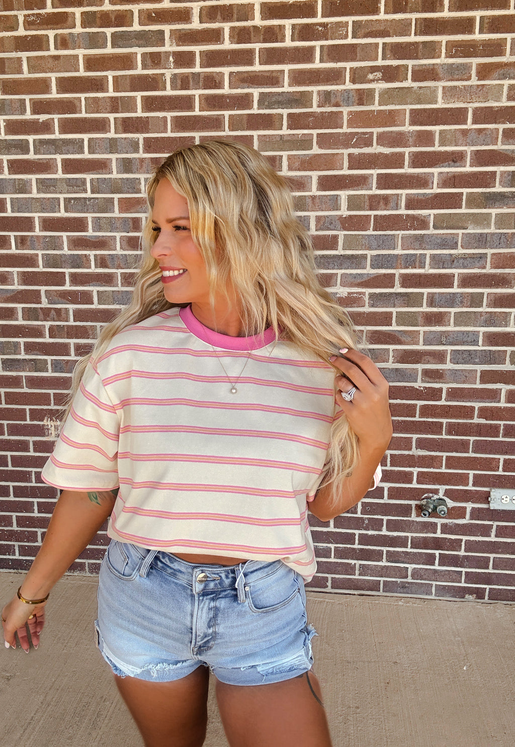 Touch Grass Striped Tee- Ivory/Pink