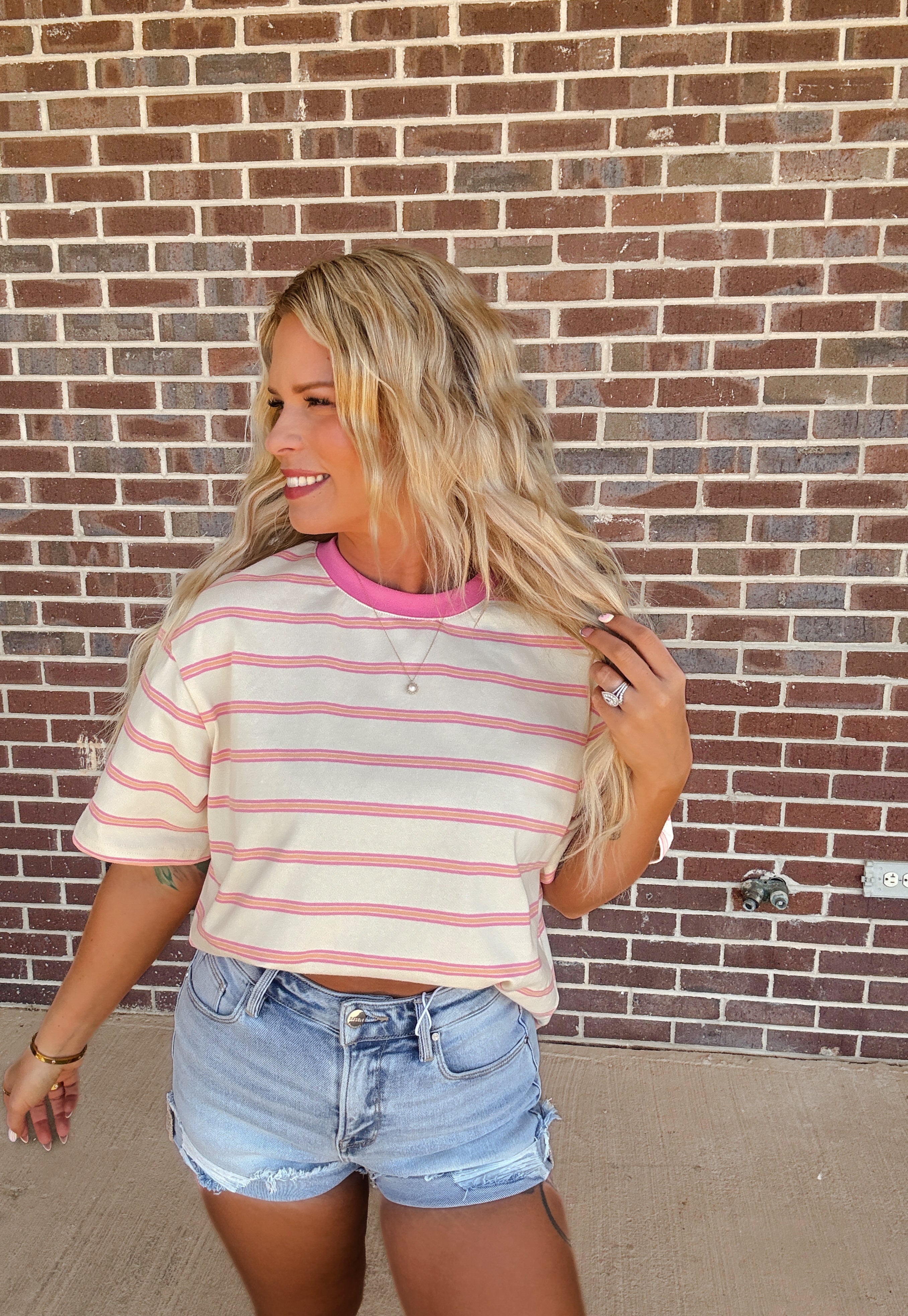 Touch Grass Striped Tee- Ivory/Pink