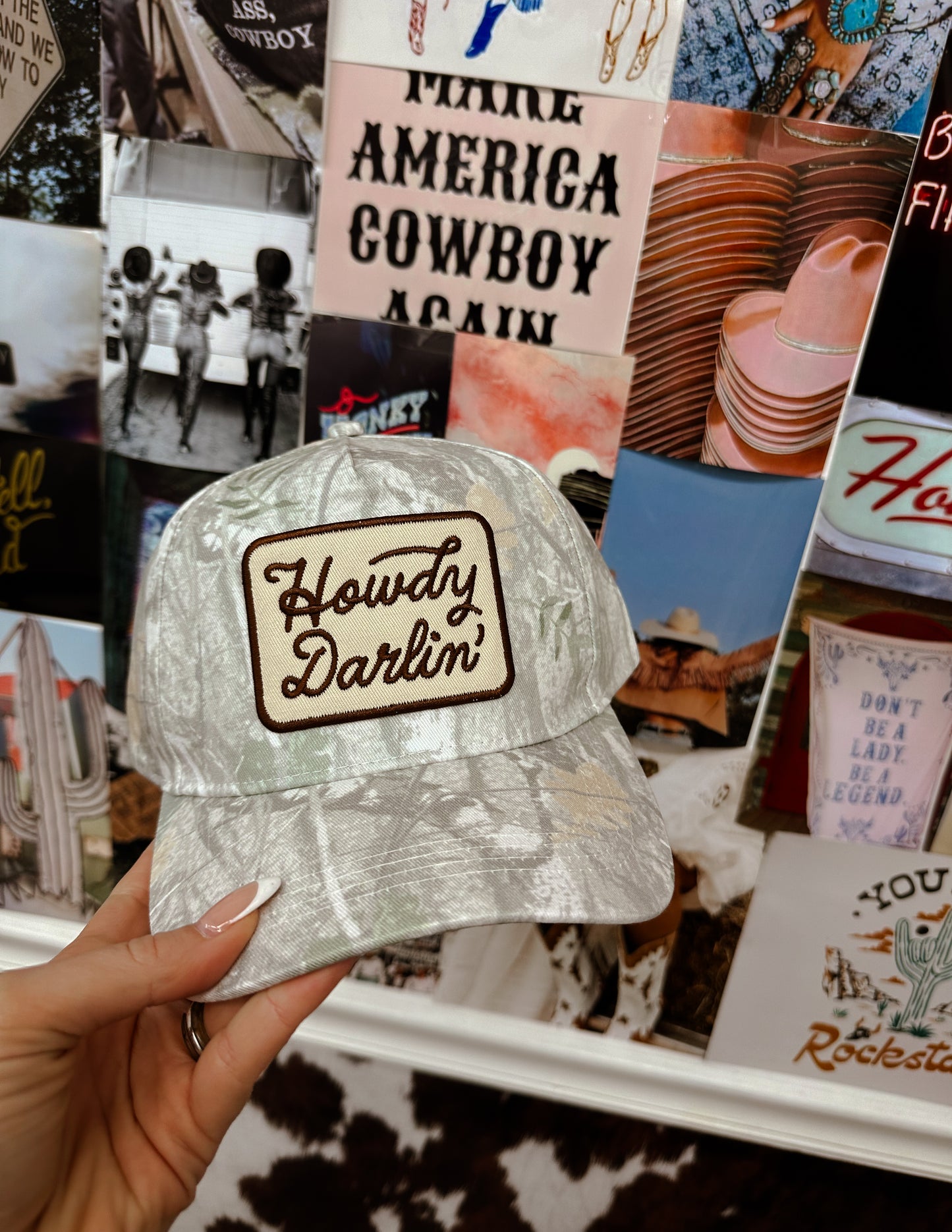 Light wash camo Howdy Darlin Trucker Hat