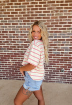 Touch Grass Striped Tee- Ivory/Pink