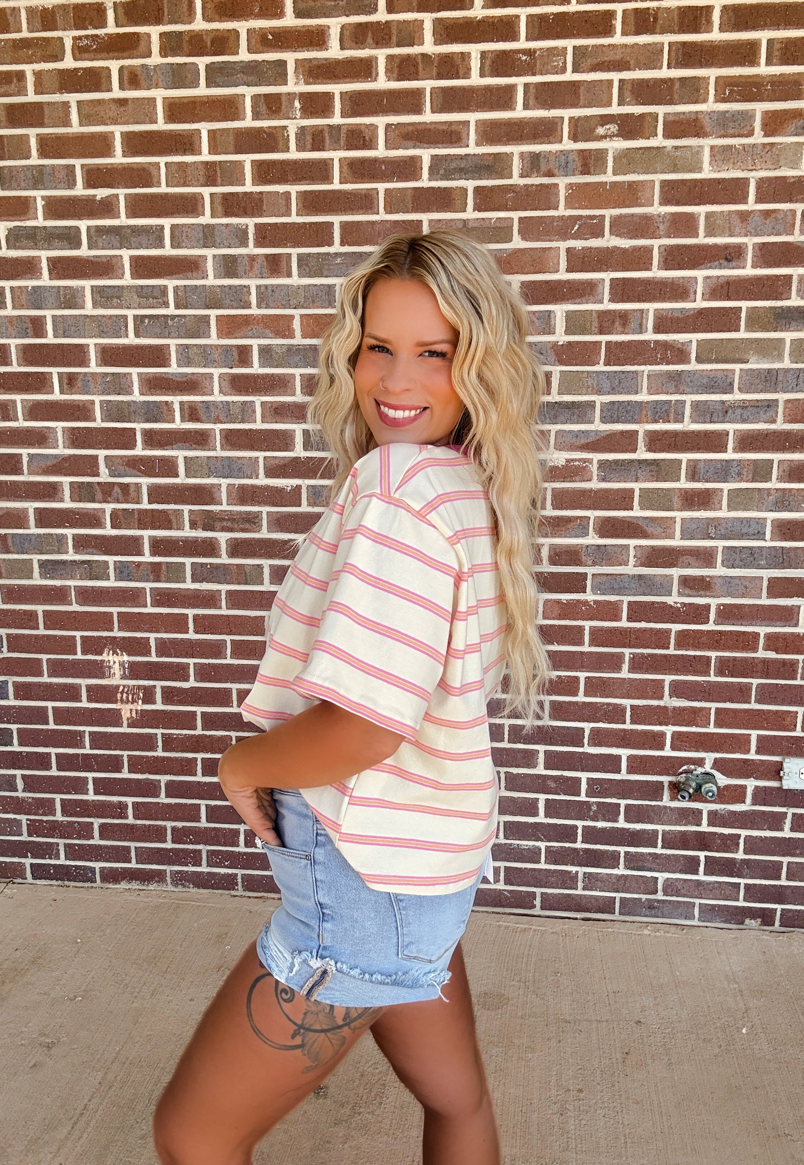 Touch Grass Striped Tee- Ivory/Pink