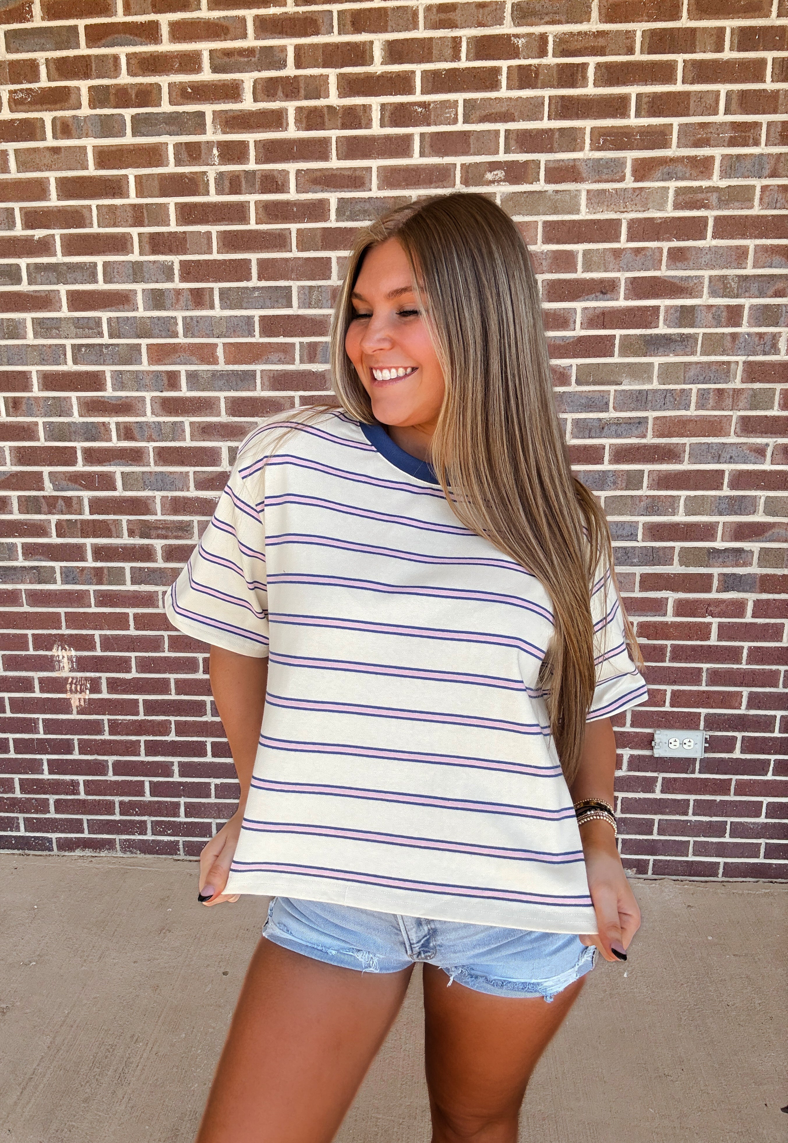 Touch Grass Striped Tee- Ivory Blue