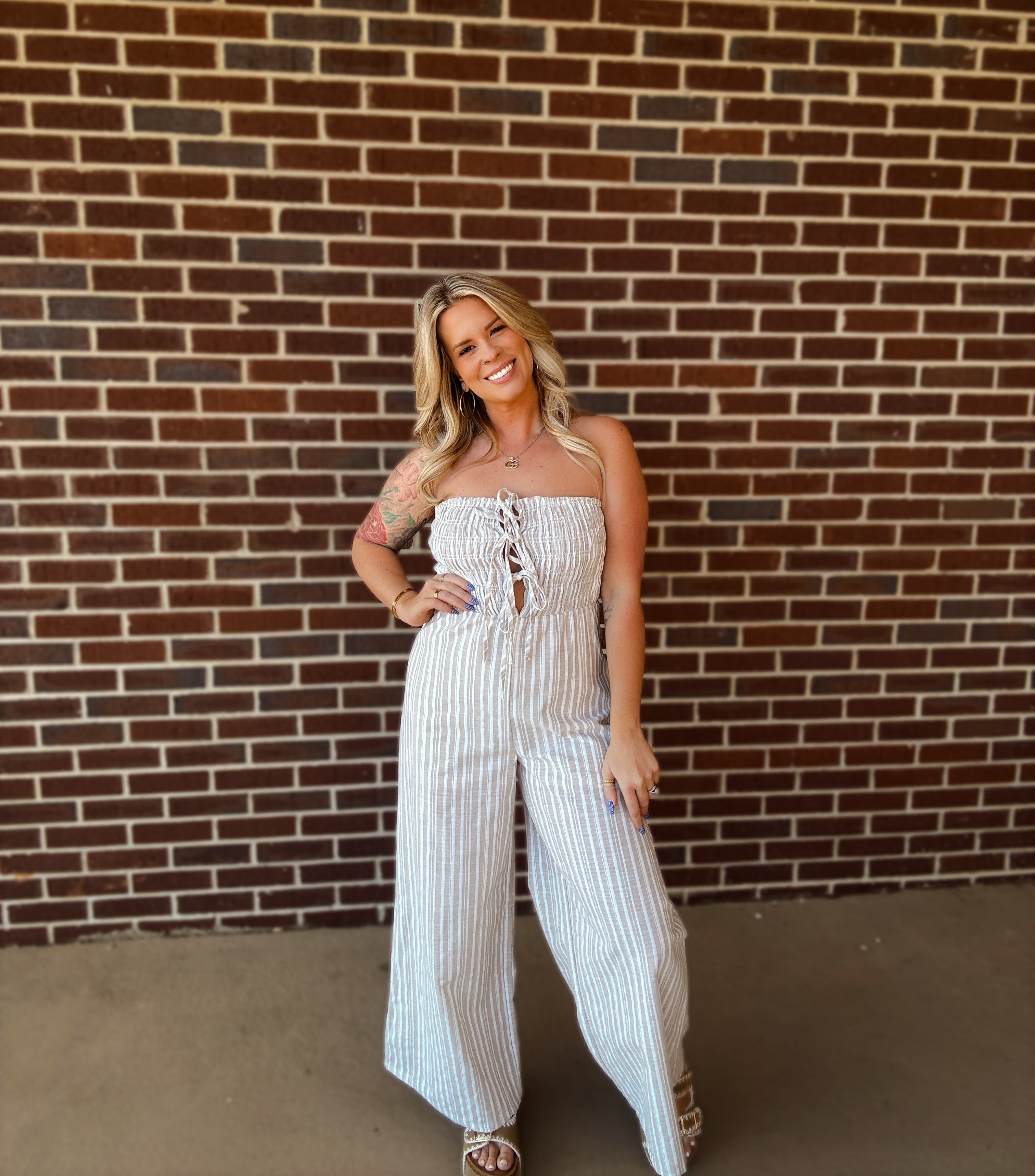 Maci Striped Jumpsuit- Taupe