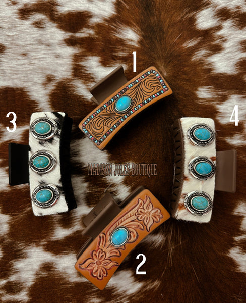 Western Faux Embossed Leather Hair Clip Claw Turquoise Stone