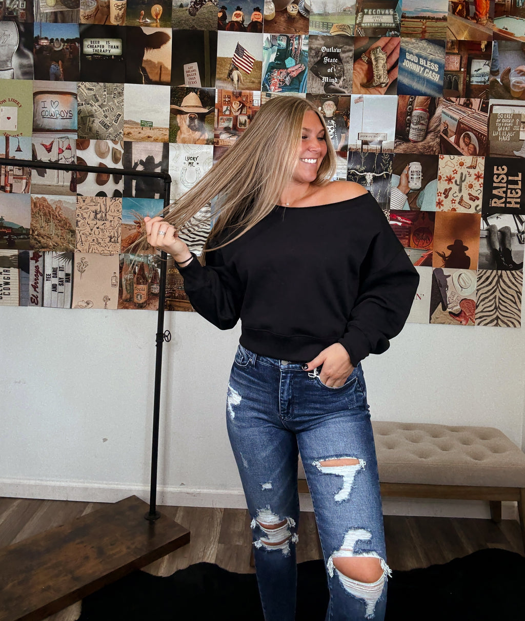 Mia Off The Shoulder Crop Pullover- Black