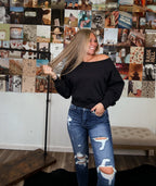 Mia Off The Shoulder Crop Pullover- Black