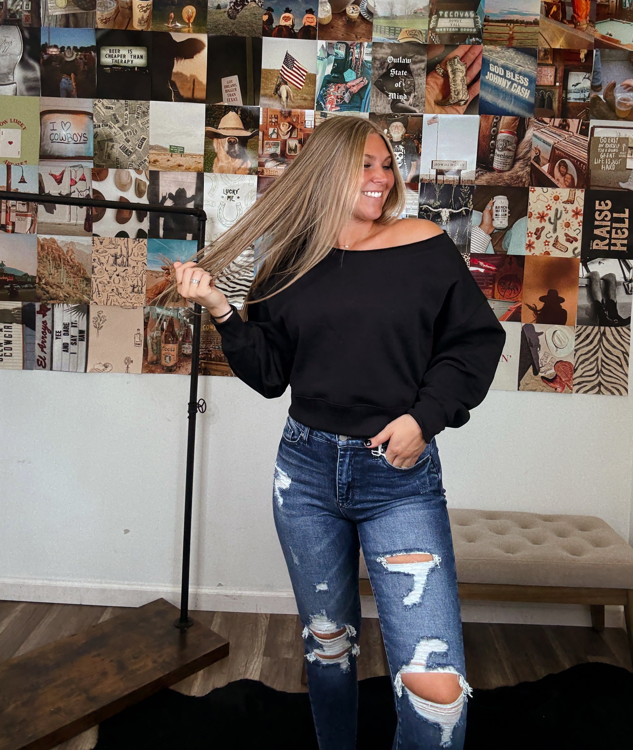 Mia Off The Shoulder Crop Pullover- Black