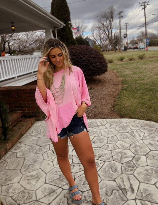 Frayed edge patch work oversized top- Candy pink