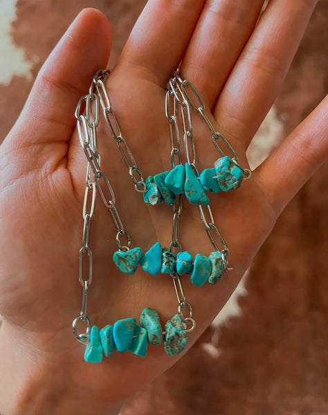 Western Turquoise Chip Bar Necklace Paperclip Chain