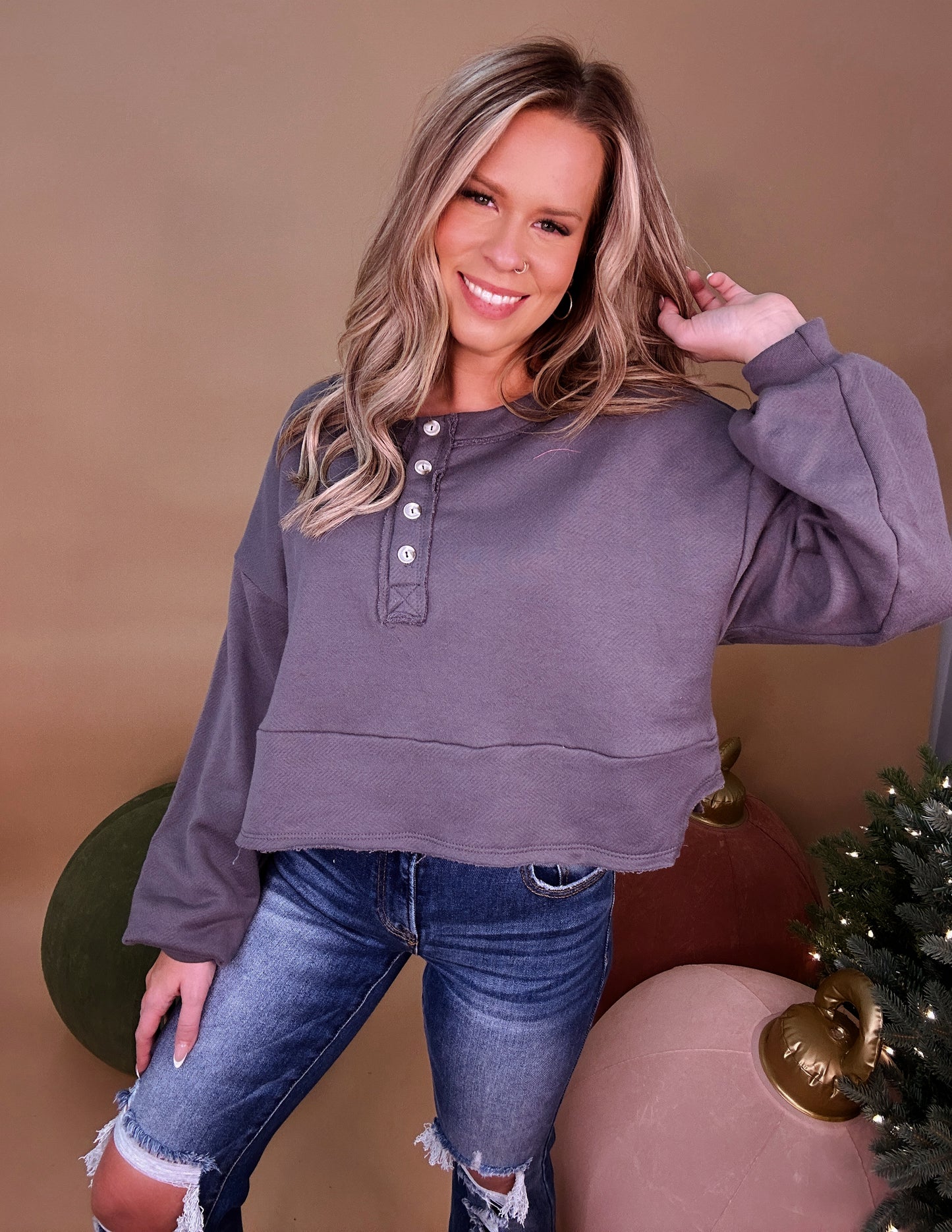 Libby French Terry Top- Charcoal