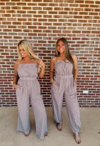 Gingham Plaid Open-Back Bubble-Leg Cami Jumpsuit