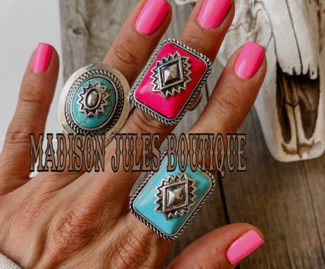 Western Aztec Stretch Ring Turquoise Rectangle