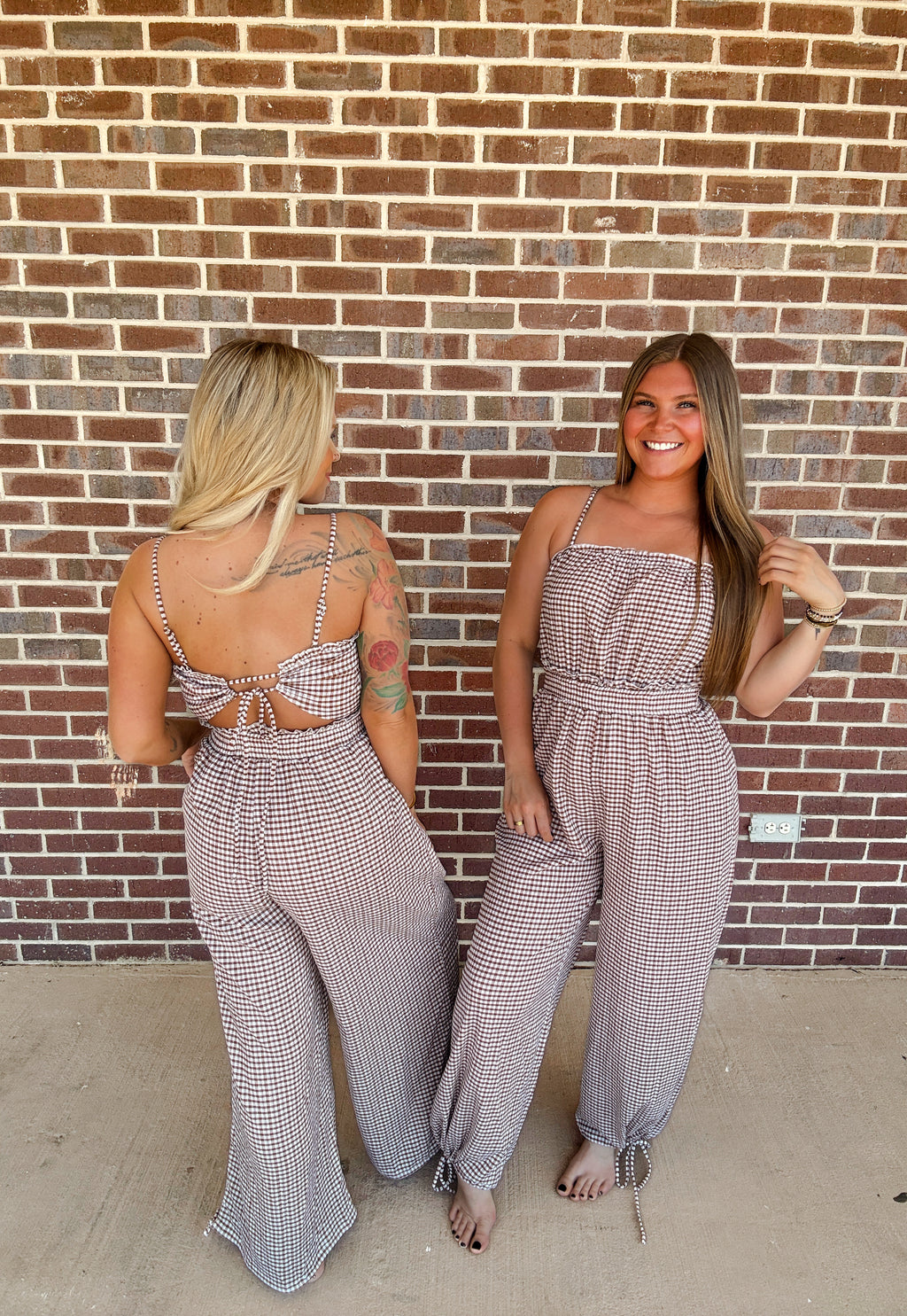 Gingham Plaid Open-Back Bubble-Leg Cami Jumpsuit