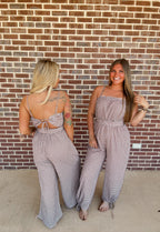Gingham Plaid Open-Back Bubble-Leg Cami Jumpsuit