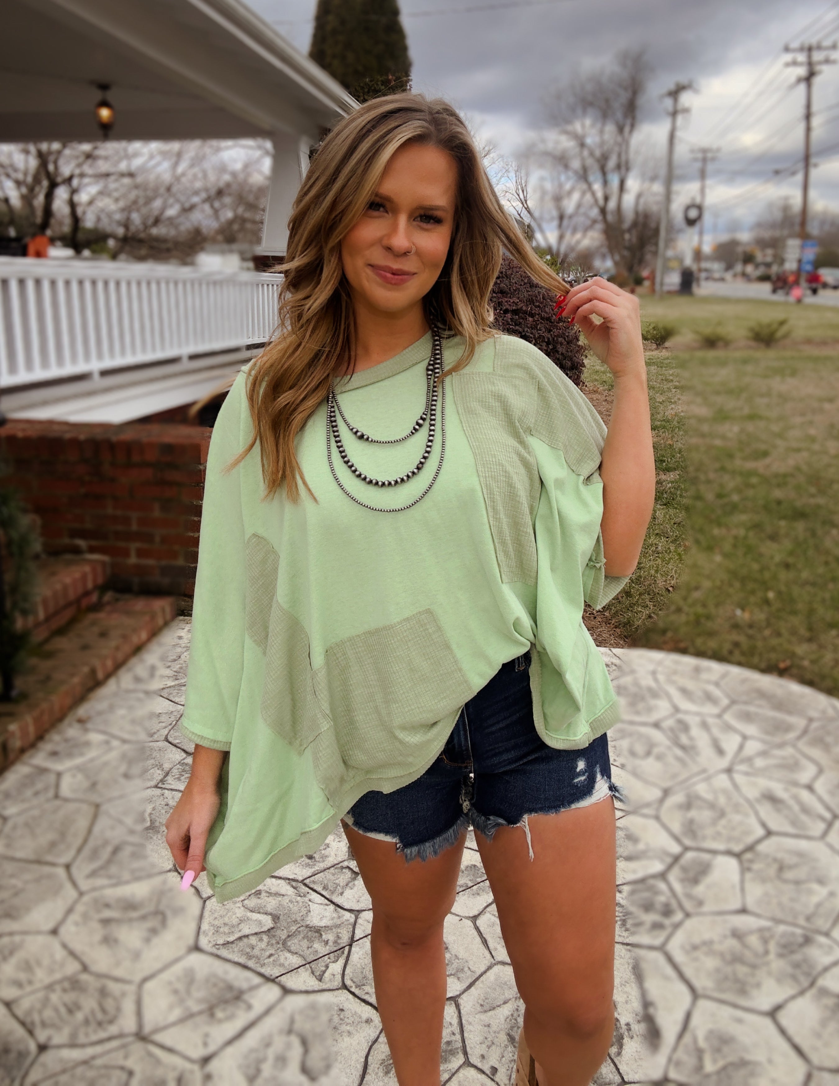 Frayed edge patch work oversized top- Mint Lime