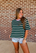 Touch Grass Striped Tee- Green/Pink
