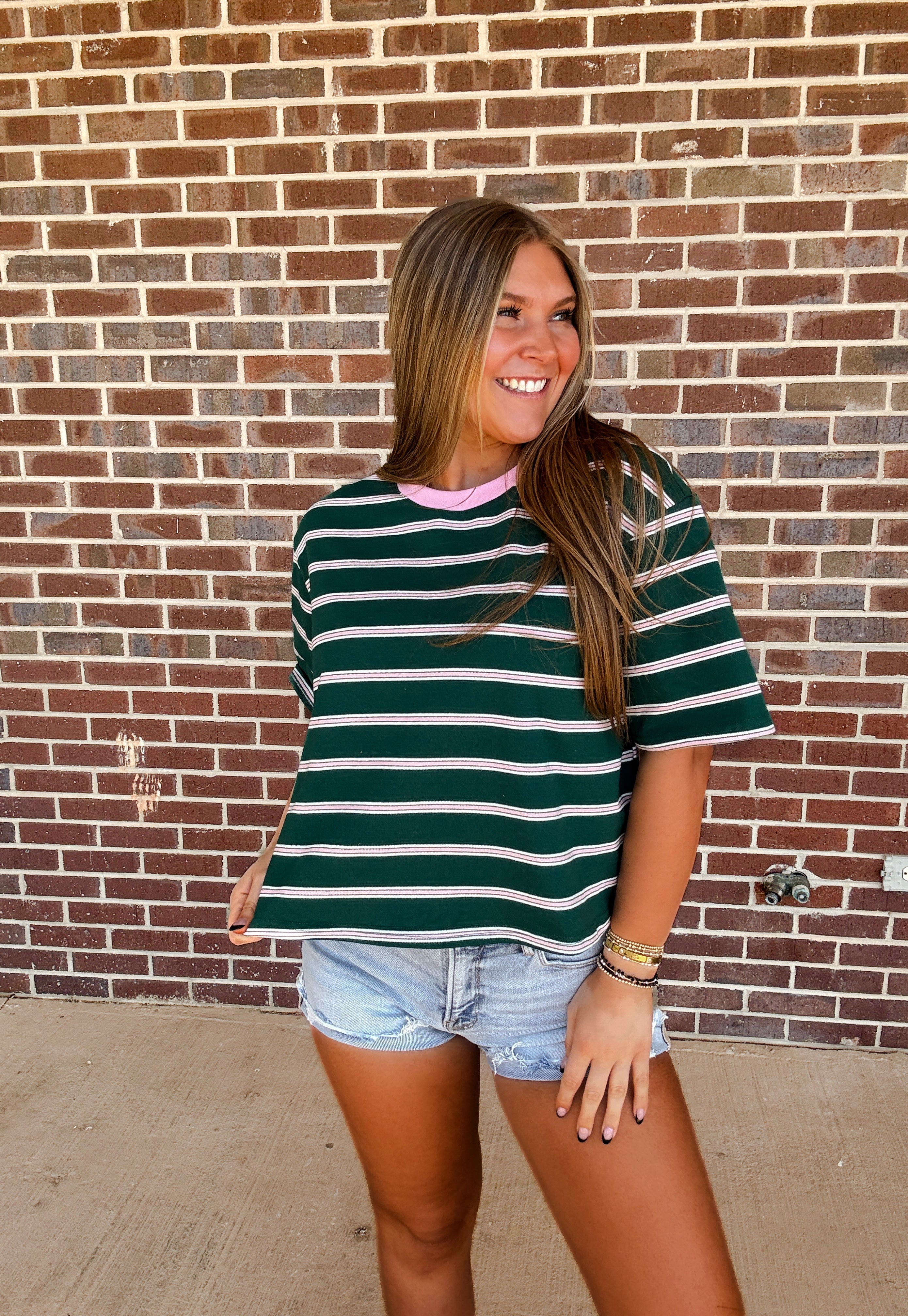 Touch Grass Striped Tee- Green/Pink