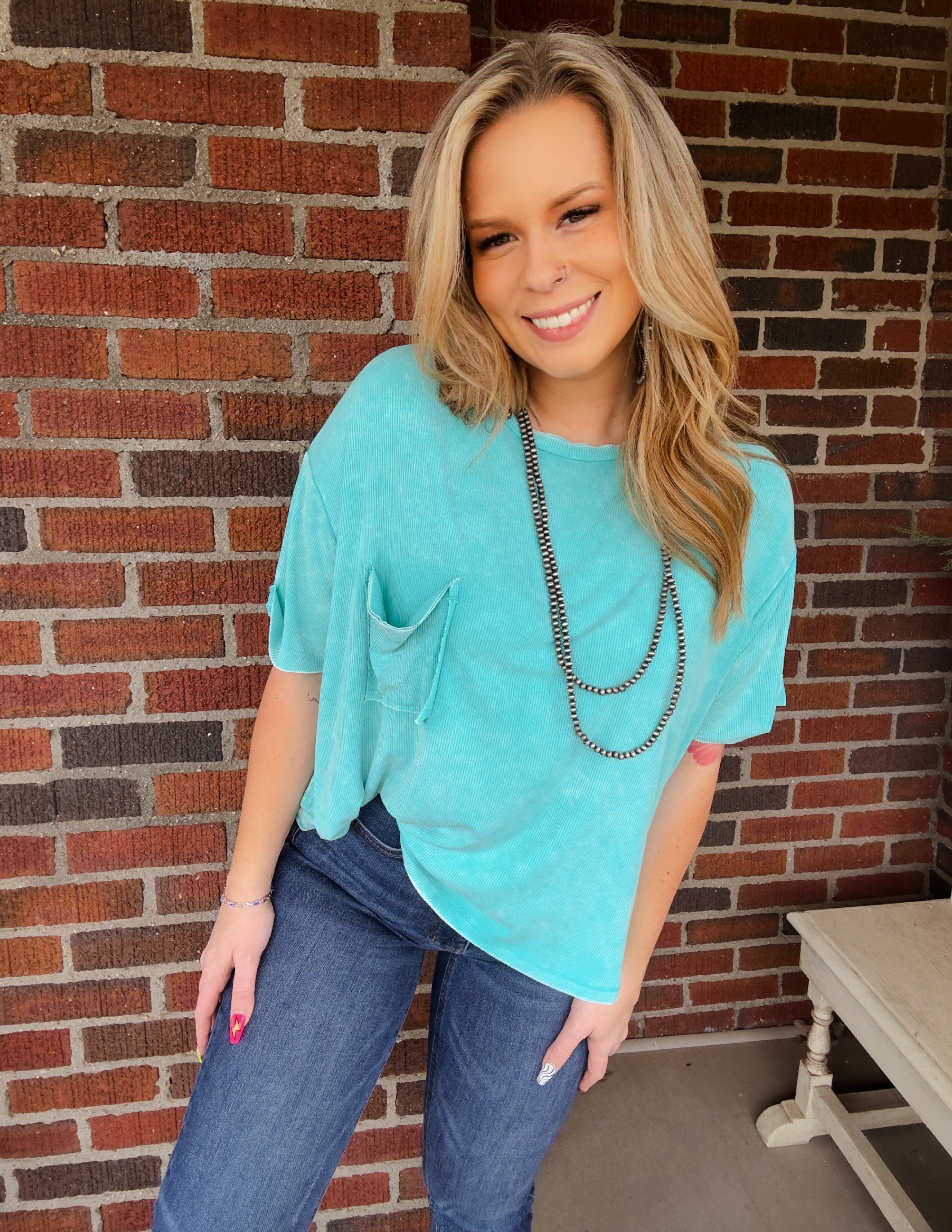 The Zoey pocket top- Turquoise