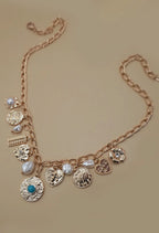 Charm Necklace-Pearl Heart Turqouise Coin Charms