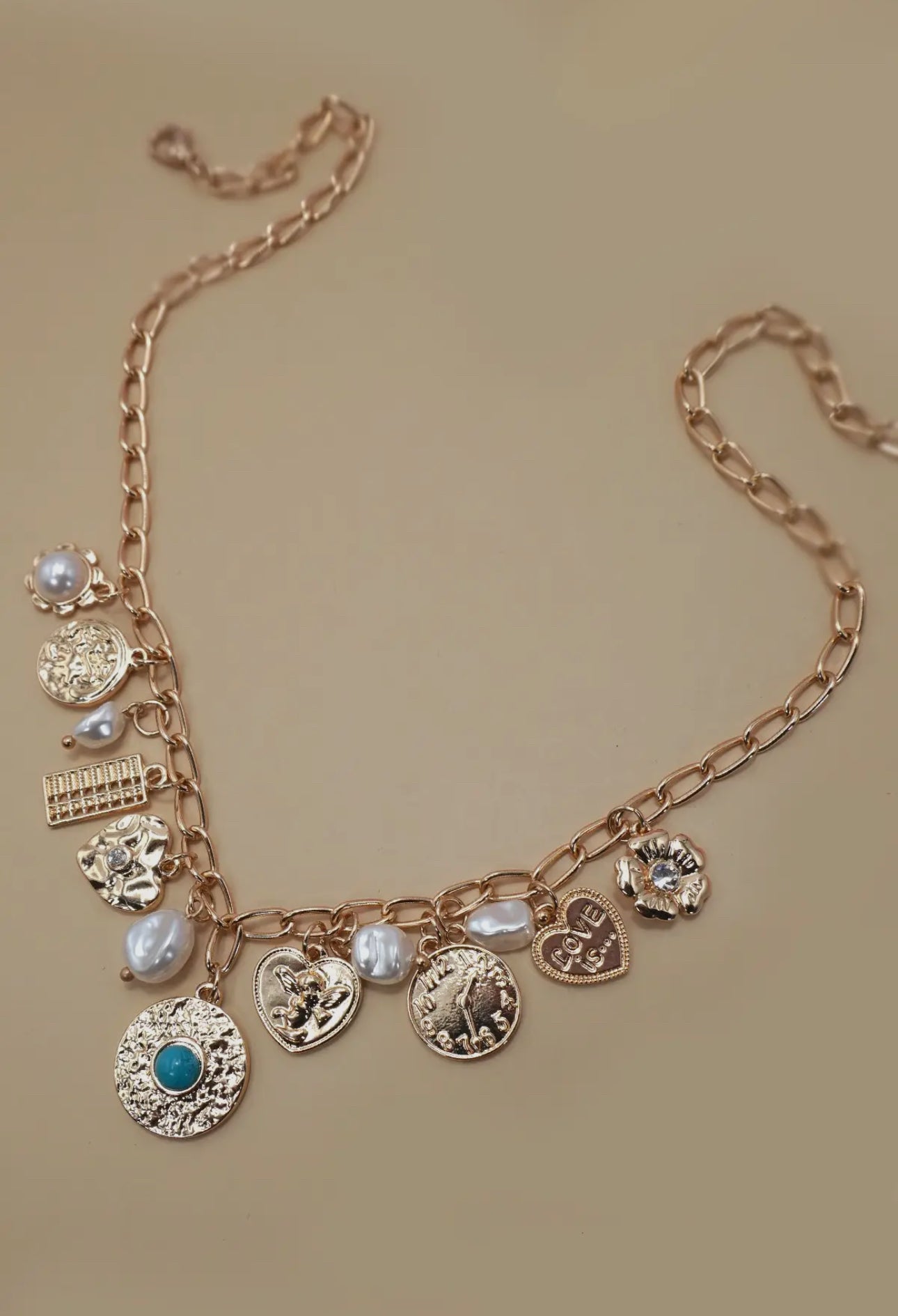 Charm Necklace-Pearl Heart Turqouise Coin Charms