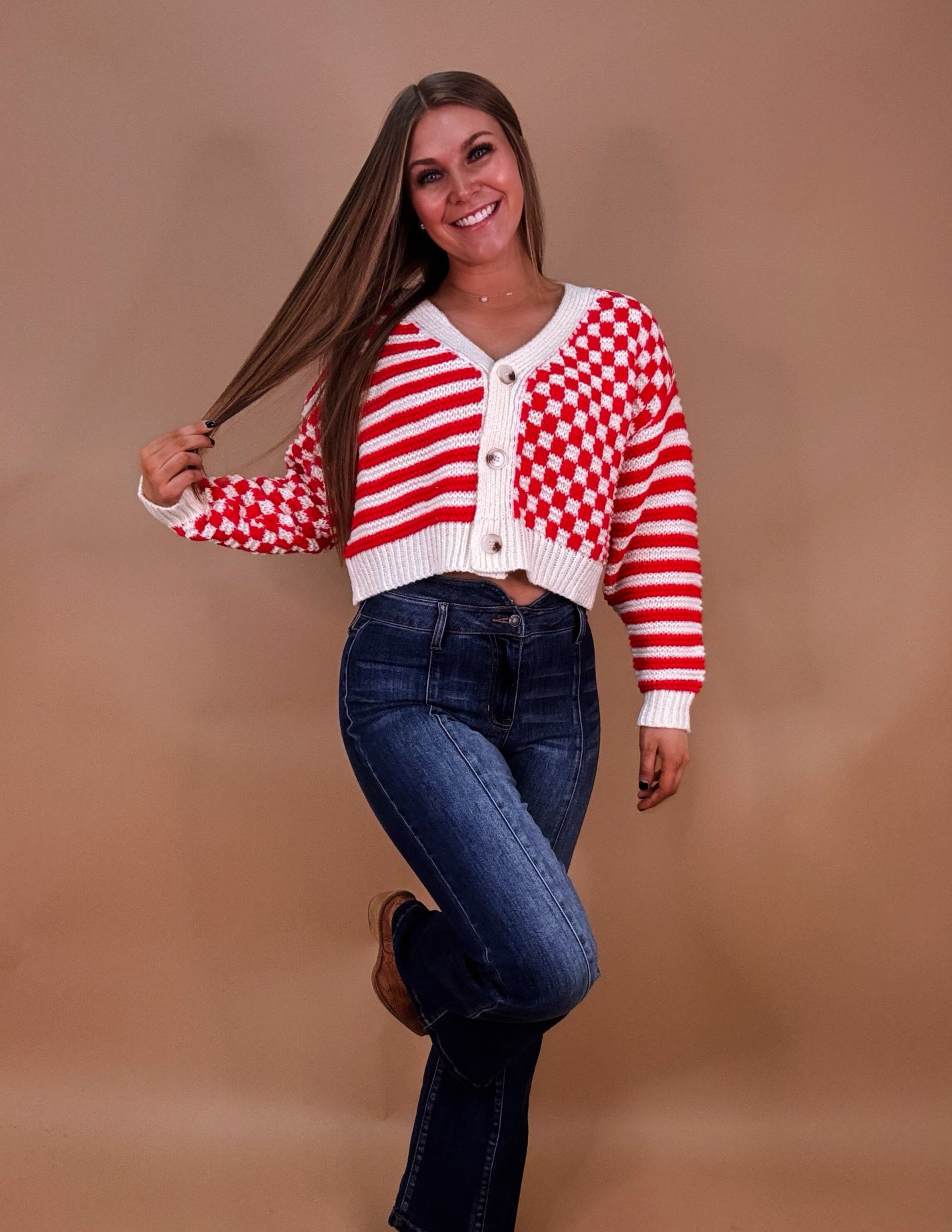 Checked into you cardigan- Red