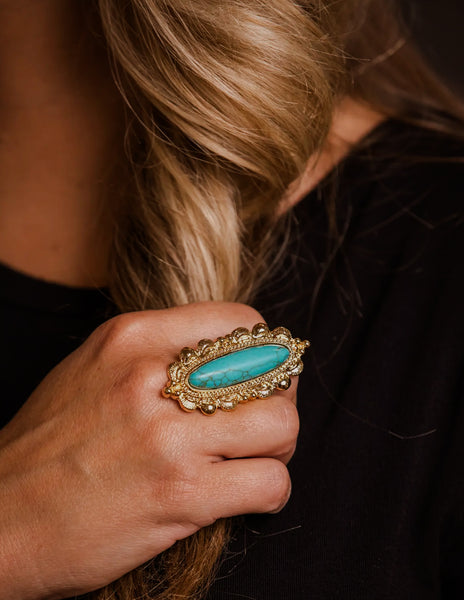 Adjustable Elongated Gold and Turquoise Ring