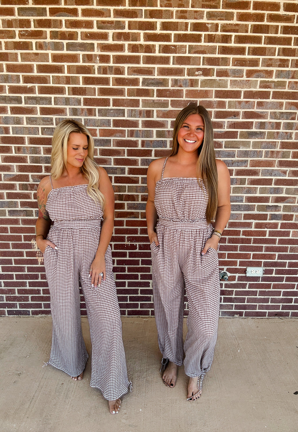 Gingham Plaid Open-Back Bubble-Leg Cami Jumpsuit
