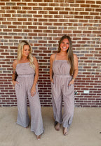Gingham Plaid Open-Back Bubble-Leg Cami Jumpsuit