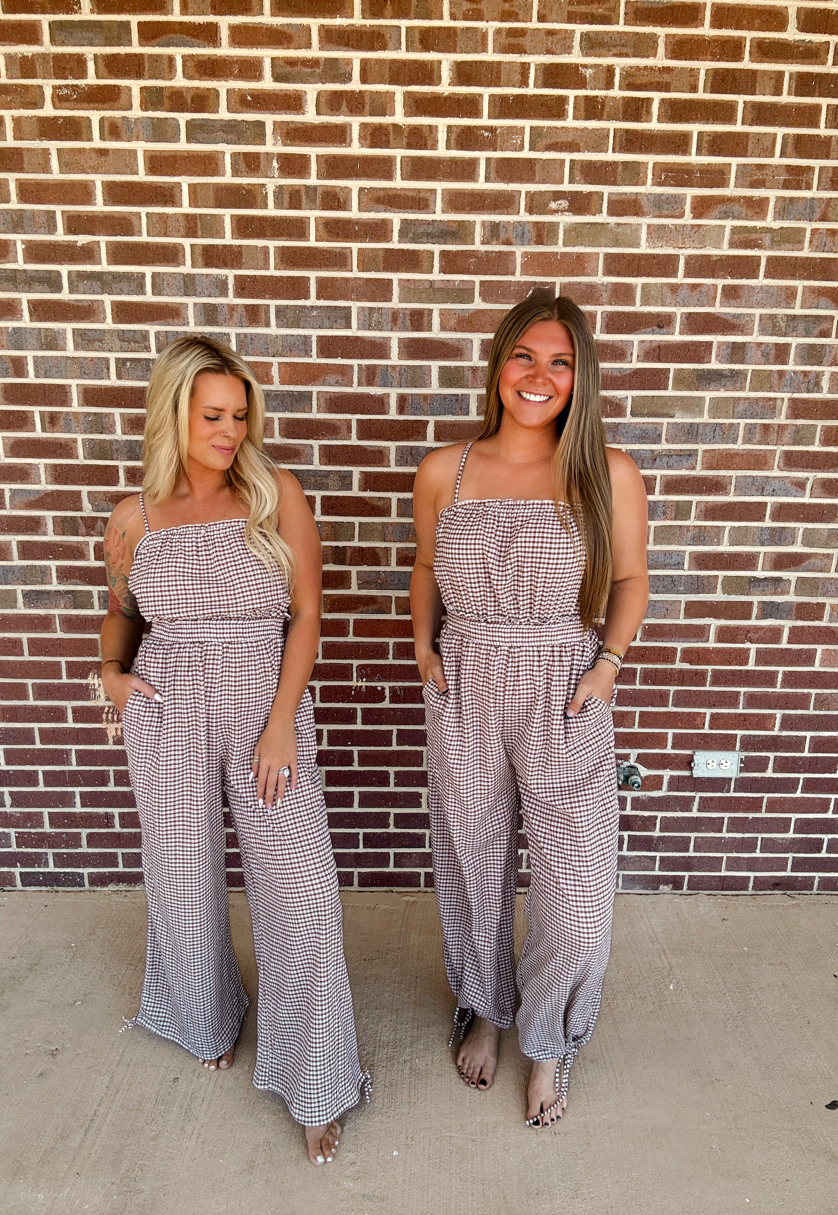 Gingham Plaid Open-Back Bubble-Leg Cami Jumpsuit