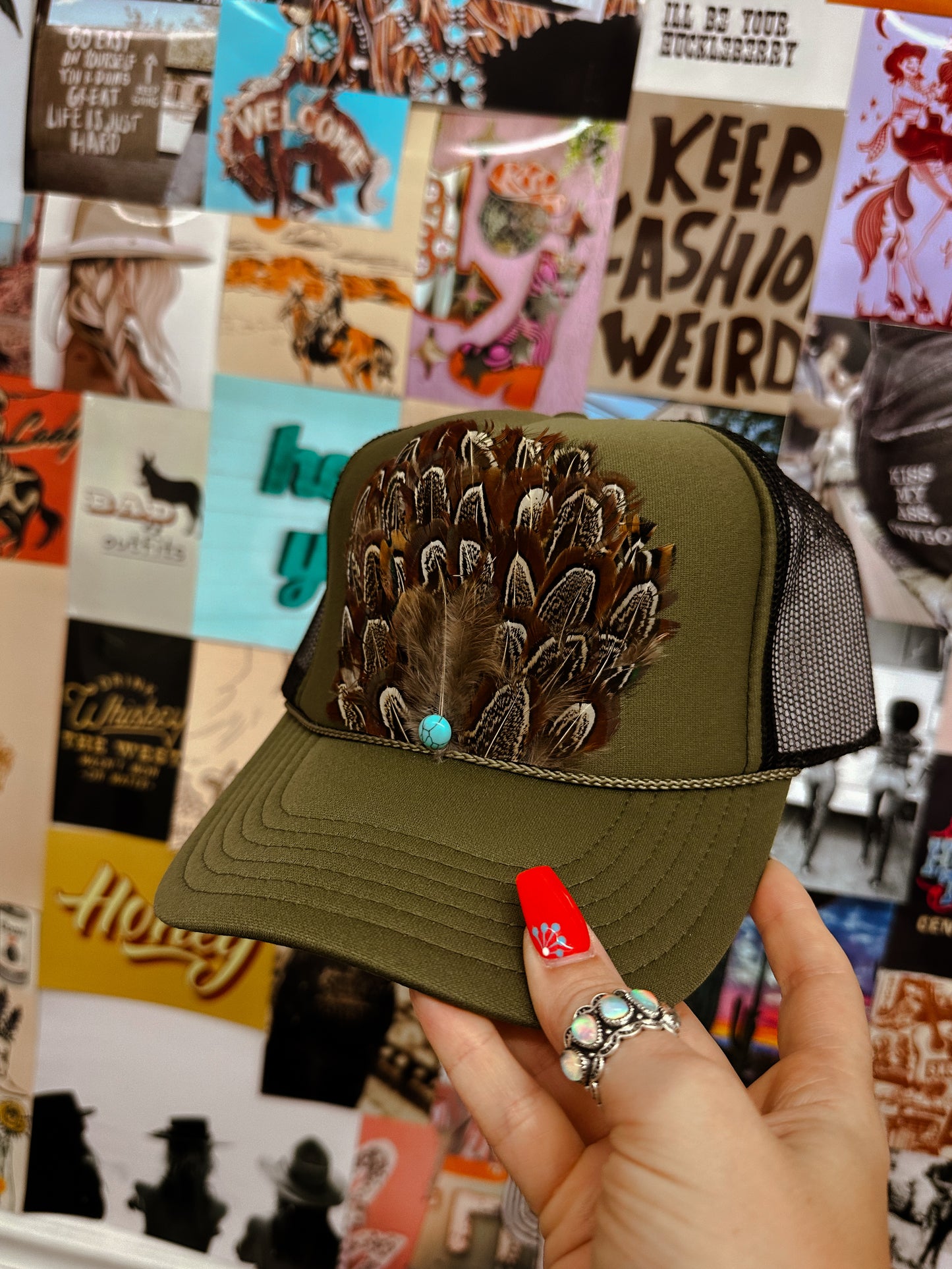 Stone feather hat- Olive green