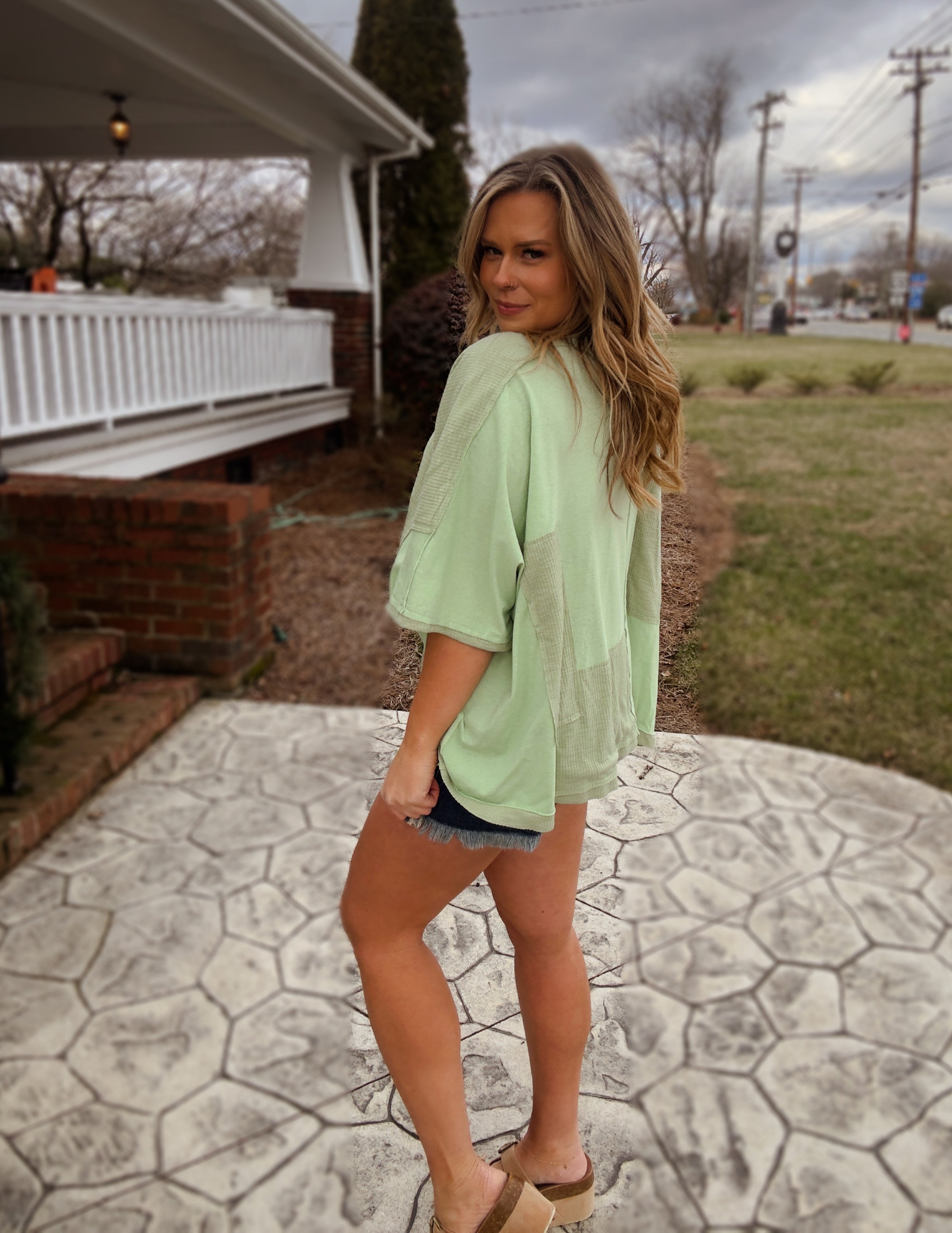 Frayed edge patch work oversized top- Mint Lime