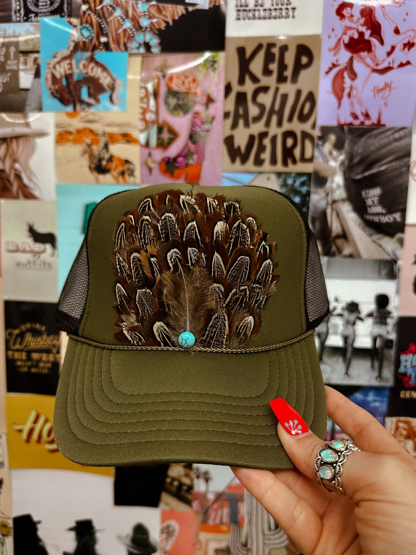 Stone feather hat- Olive green