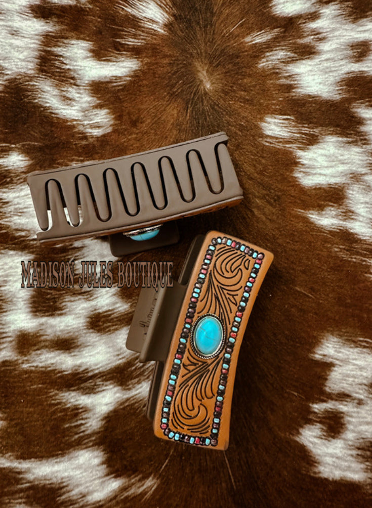 Western Faux Embossed Leather Hair Clip Claw Turquoise Stone