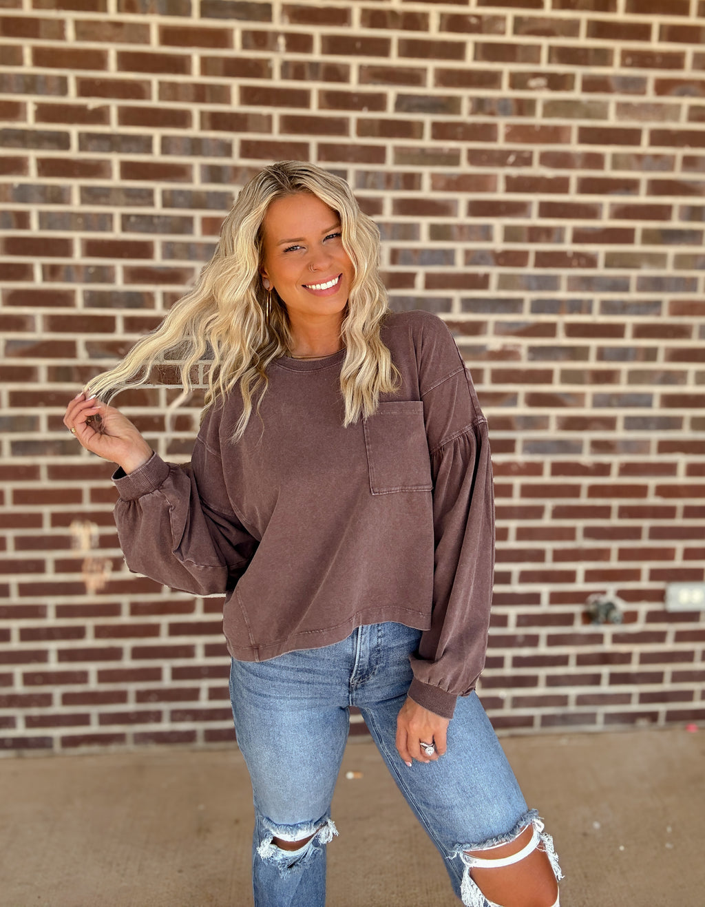 The Della Balloon Sleeve Top- Dark Brown