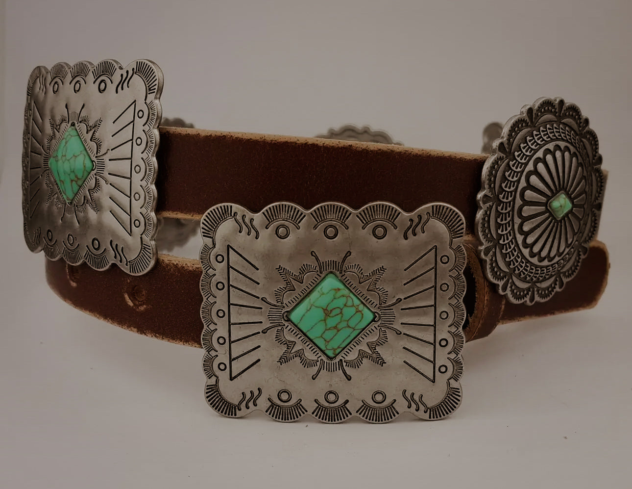 Western Genuine Distressed Leather Belt Alternating Conchos