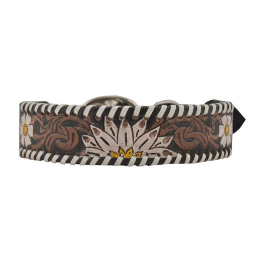 Oxy Daisy Hand-Tooled Leather Dog Collar