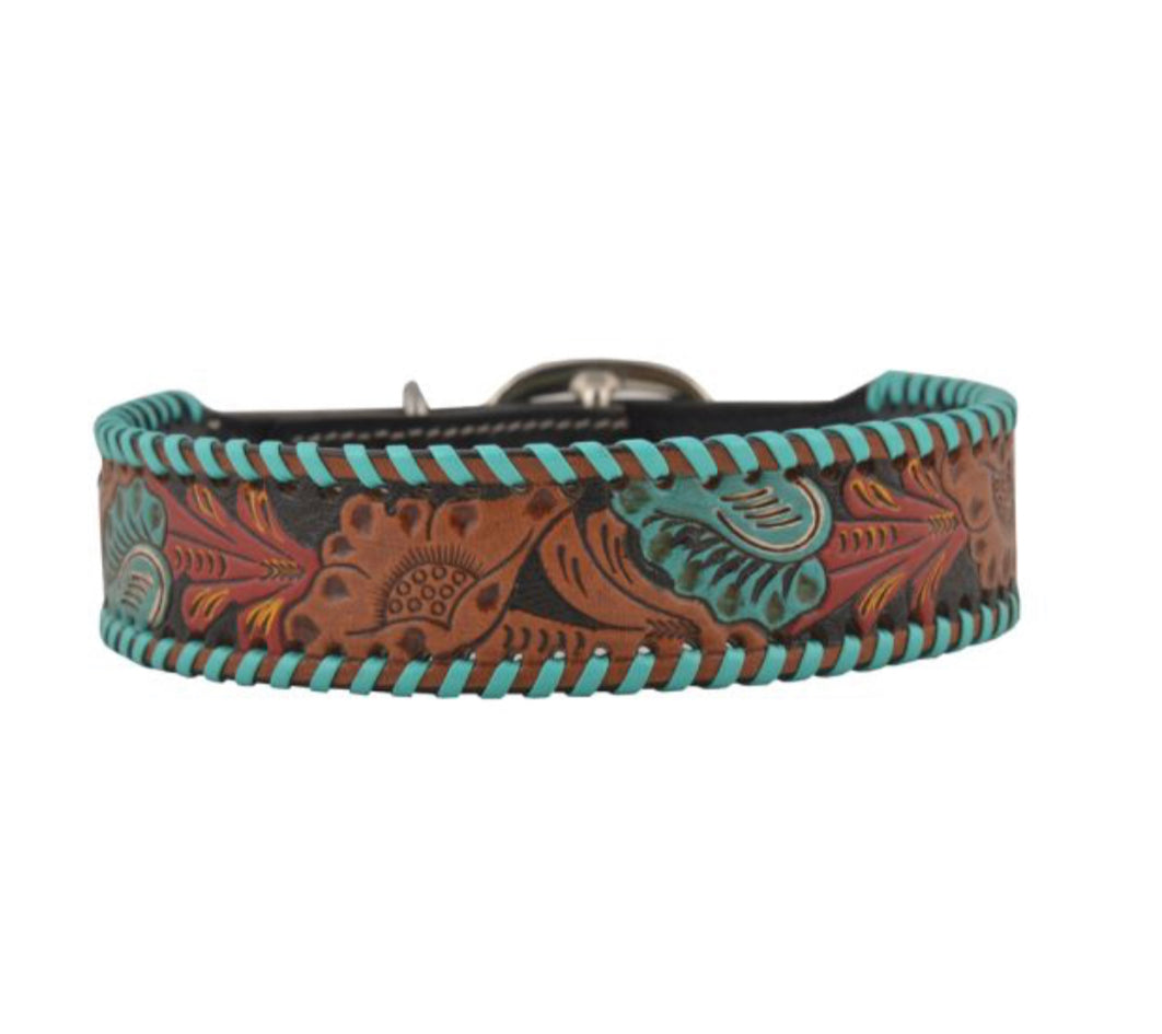 Full bloom Hand-Tooled Leather Dog Collar