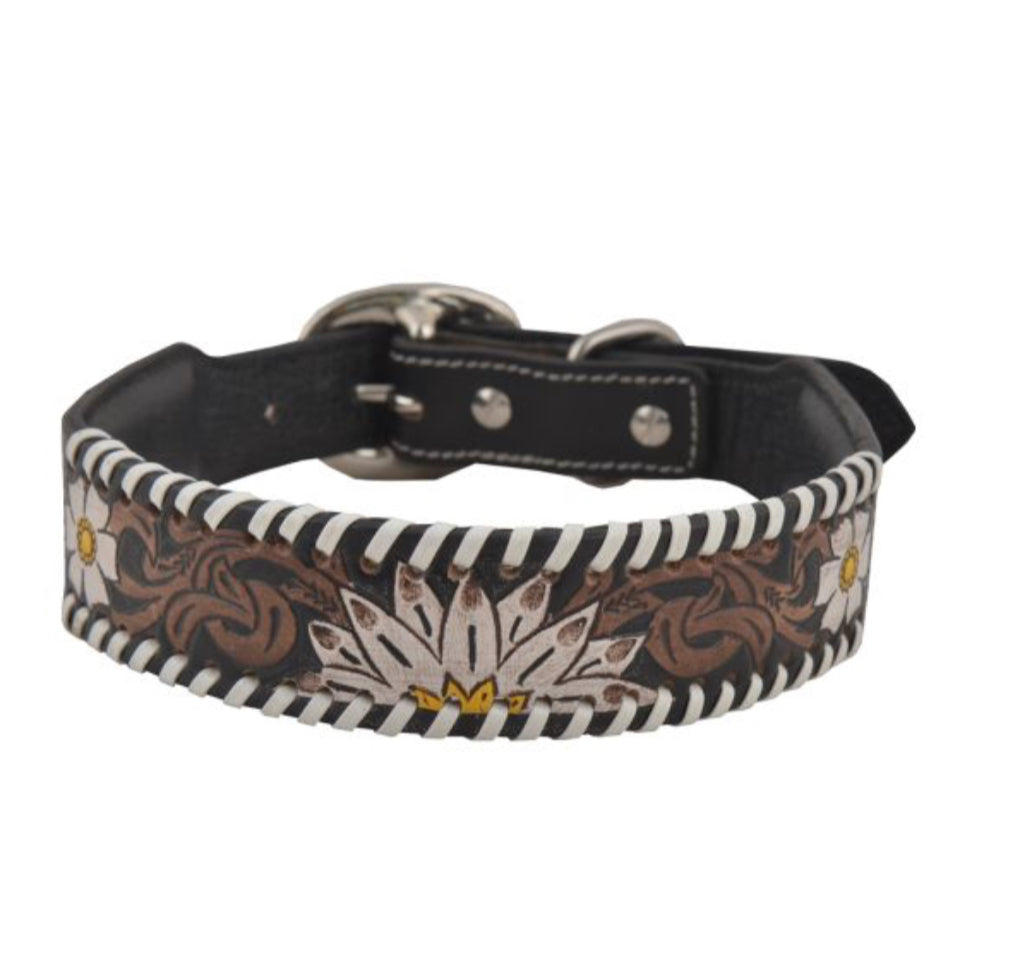 Oxy Daisy Hand-Tooled Leather Dog Collar