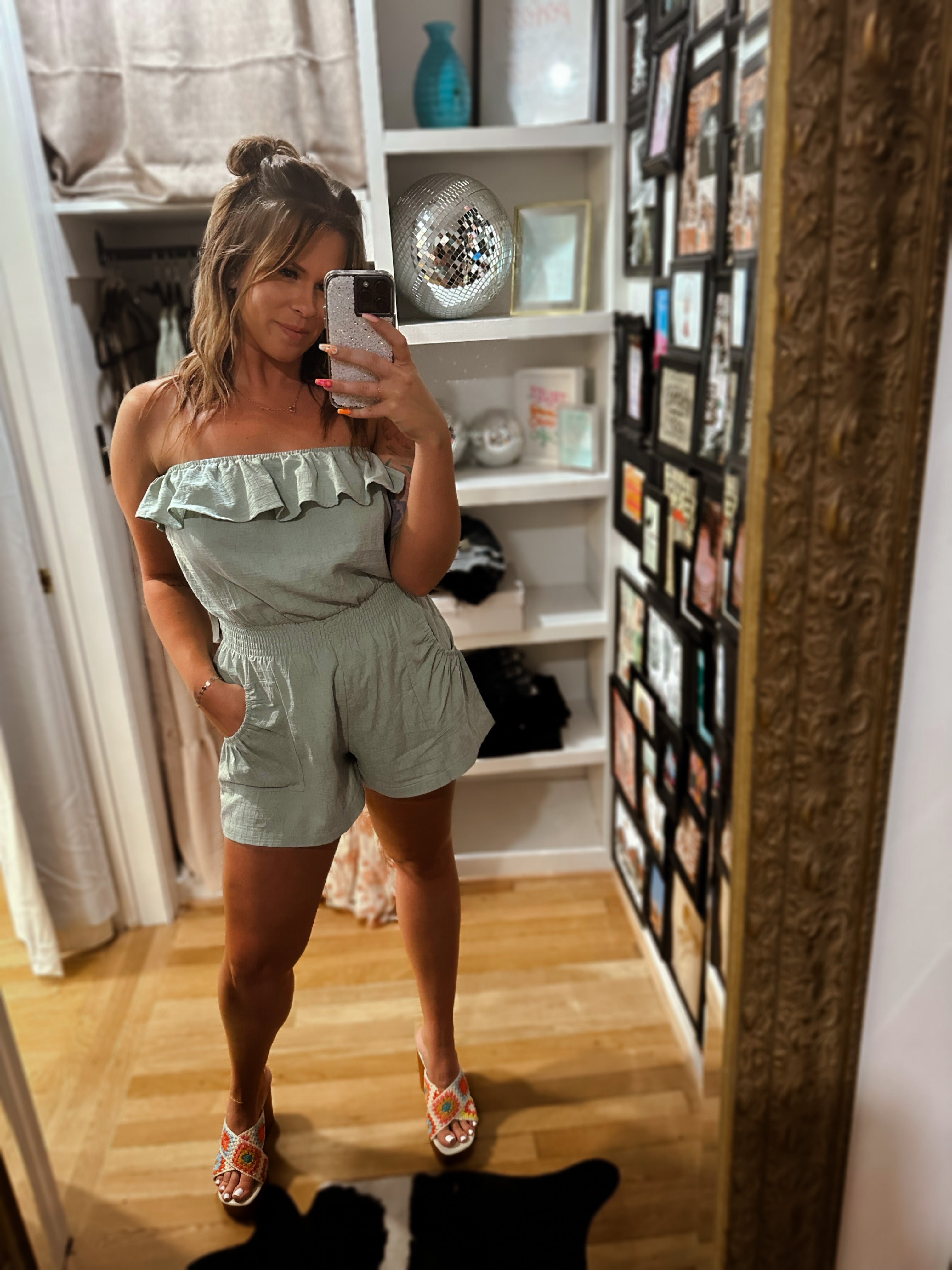 Woven Off Shoulder Sleeveless Flare Flounce Romper