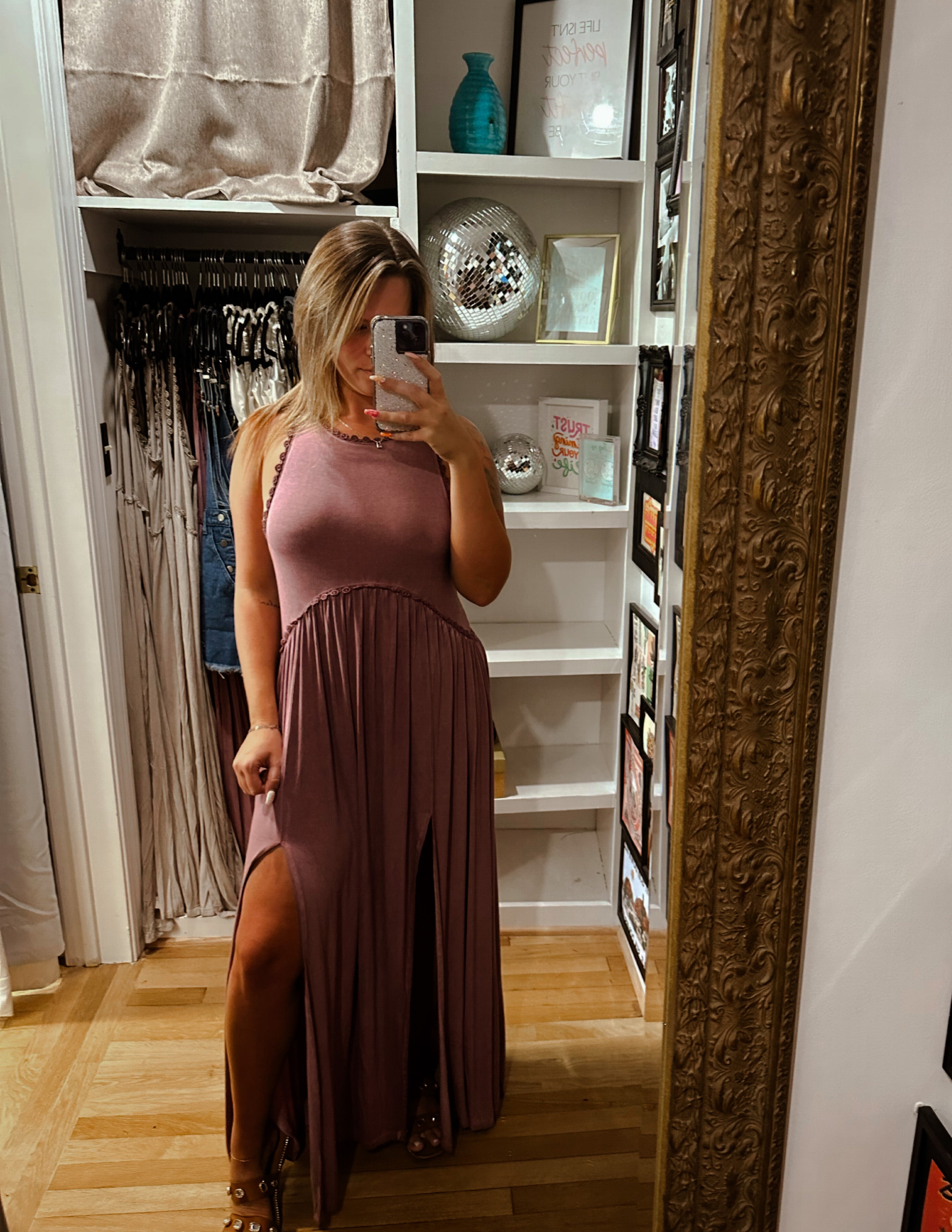 The Dolly Dress In Taupe & Burgundry